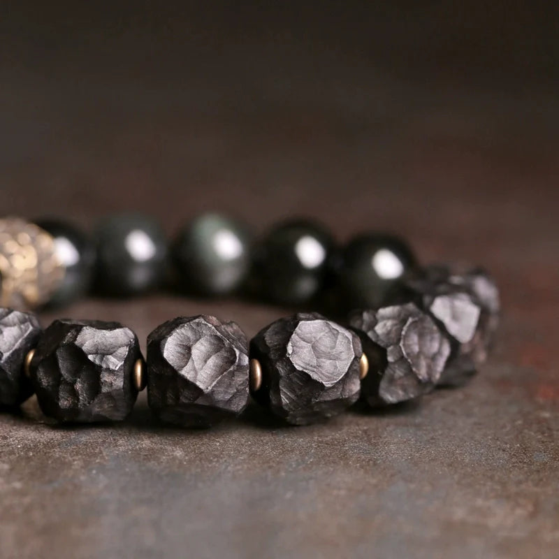 Tibetan Vintage Ebony Wood, Black Obsidian & Brass Bracelet – For Strength & Protection