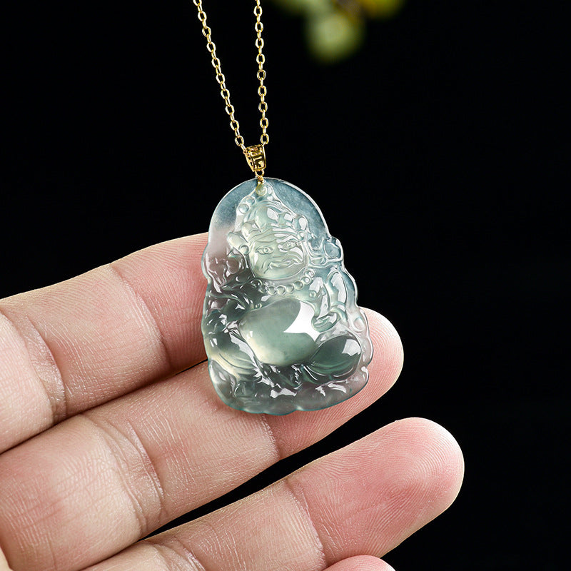 Natural Blue Water Jadeite Yellow Wealth God Pendant – A-Grade Ice-Type Jade, 18K Gold, Prosperity Talisman
