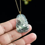 Natural Blue Water Jadeite Yellow Wealth God Pendant – A-Grade Ice-Type Jade, 18K Gold, Prosperity Talisman