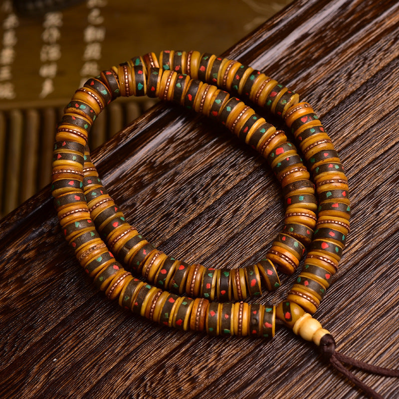 Vintage Tibetan Yak Bone 108 Mala Beads with Gemstone Inlay