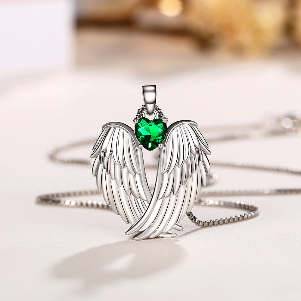 Angel Wings Zircon Necklace – Sparkling Wing Pendant in Green or Blue