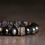 Tibetan Vintage Ebony Wood, Black Obsidian & Brass Bracelet – For Strength & Protection