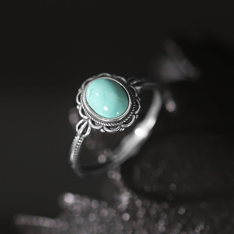 Vintage S925 Sterling Silver Adjustable Open Ring with Turquoise & White Chalcedony