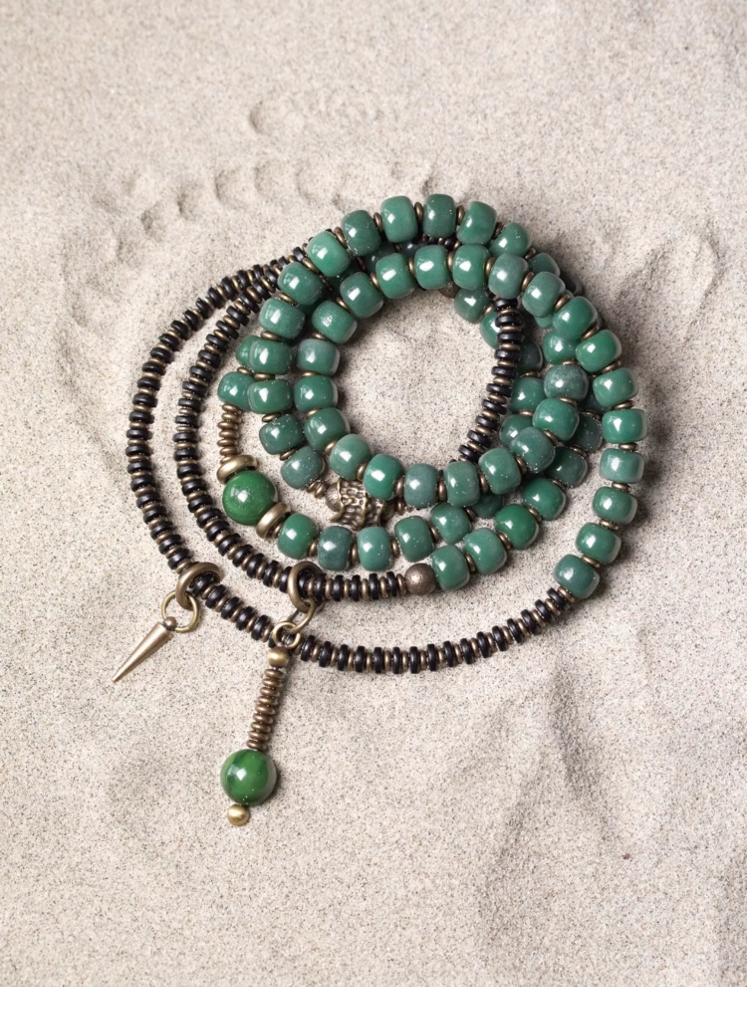 Green Bodhi Beads Bracelet with Ebony & Brass Spacers · Multi-Layer Spiritual Mala for Meditation & Mindfulness