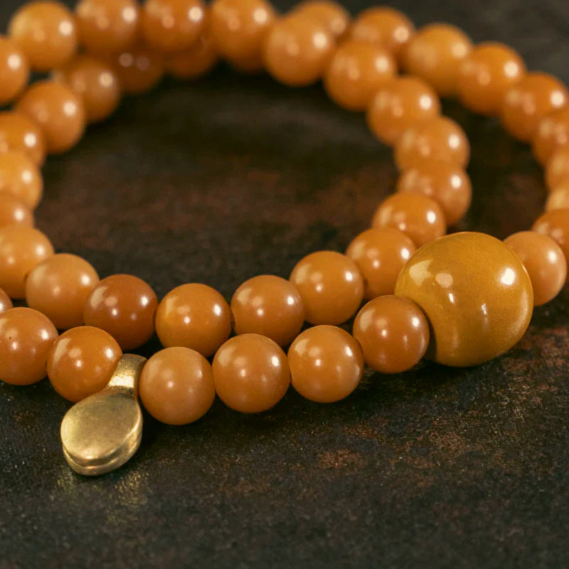 Natural Yellow-Brown Bodhi Double Wrap Bracelet with Brass Accents
