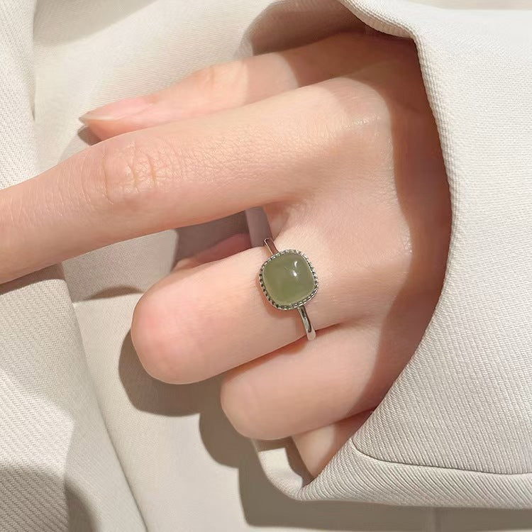 S925 Sterling Silver Hetian Jade & Agate Cube Ring – Adjustable Design