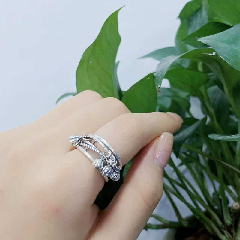 S999 Pure Silver Vintage Multi-Layer Ring with Bell, Lotus Tassel Charms