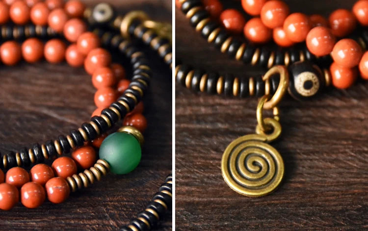 Vintage Wrap Bracelet · Red Agate, Ebony Wood & Brass · Multi-Layer Long Strand for Men and Women