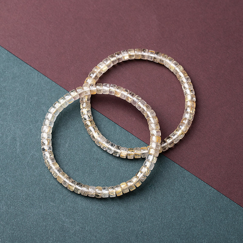 Natural Crystal Rutilated Quartz Bracelet - Precision Cut 3x6mm Beads