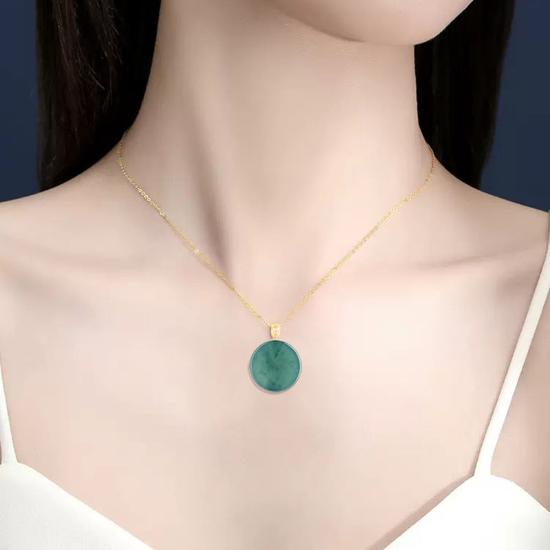 Natural A-Grade Blue Water Jadeite Round Pendant – Ice-Type Jade Disc with 18K Gold Bail, Minimalist Lucky Charm Necklace for Women