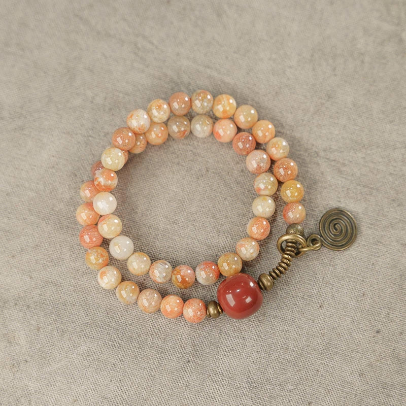 Coral Stone & Large Red Agate Bracelet with Brass Accents · Vintage Multi-Layer Wrap for Women