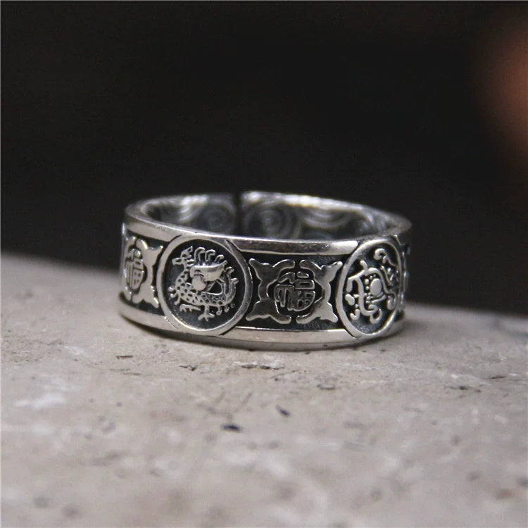 Buddha3bodhi Handmade Sliver Ring Retro and Old Lucky Character Four Divine Beast Ring