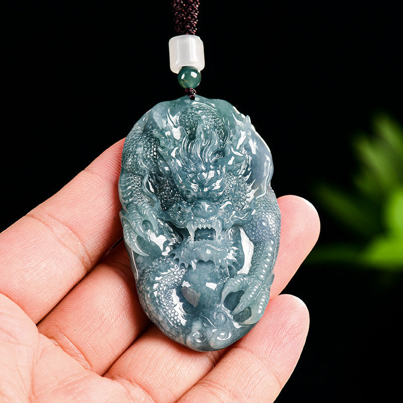Natural Blue Water Jadeite Divine Dragon Guardian Pendant – A-Grade Jade, Zodiac Dragon Talisman