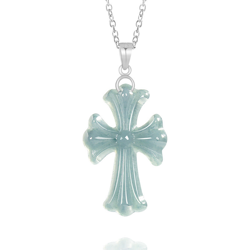 Natural Ice Blue Jadeite Cross Pendant – A-Grade Blue Water Jade with S925 Silver, 36mm Christian Talisman