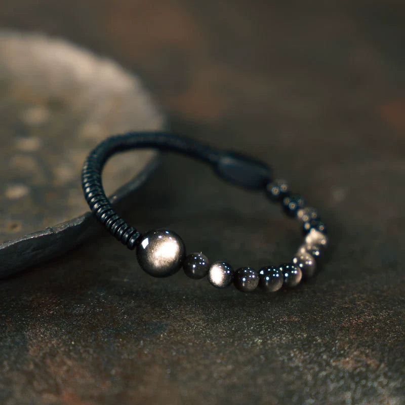 Ebony Wood & Cat's Eye Silver Obsidian Bracelet for Protection & Inner Clarity