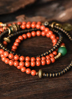 Vintage Wrap Bracelet · Red Agate, Ebony Wood & Brass · Multi-Layer Long Strand for Men and Women