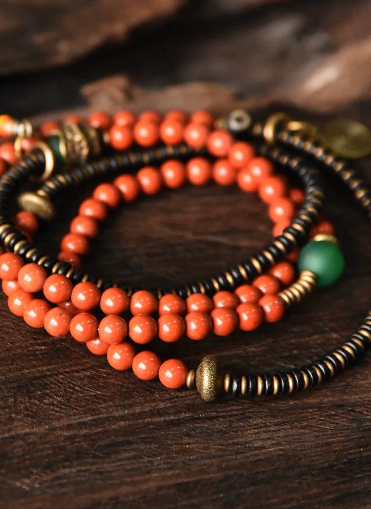 Vintage Wrap Bracelet · Red Agate, Ebony Wood & Brass · Multi-Layer Long Strand for Men and Women