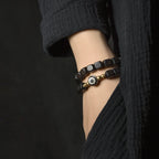 Tibetan Handmade Ebony Wood Dzi Bead Bracelet Vintage Couple Spiritual Jewelry