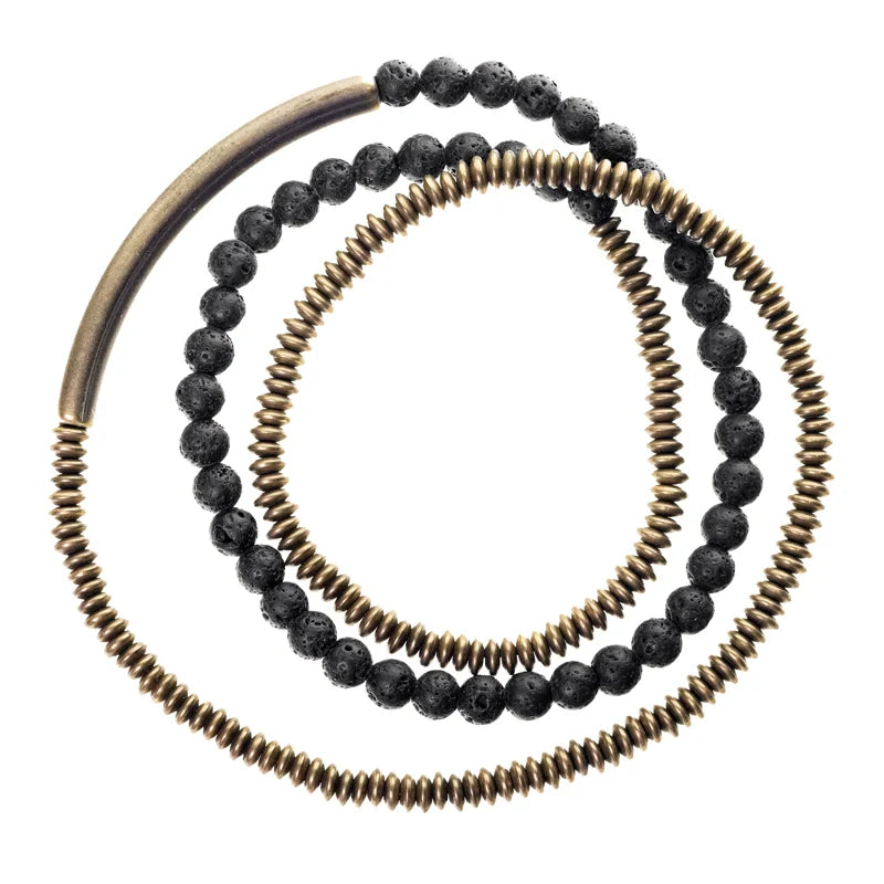 Multi-Layer Lava Stone & Brass Couple Bracelet for Grounding & Passion