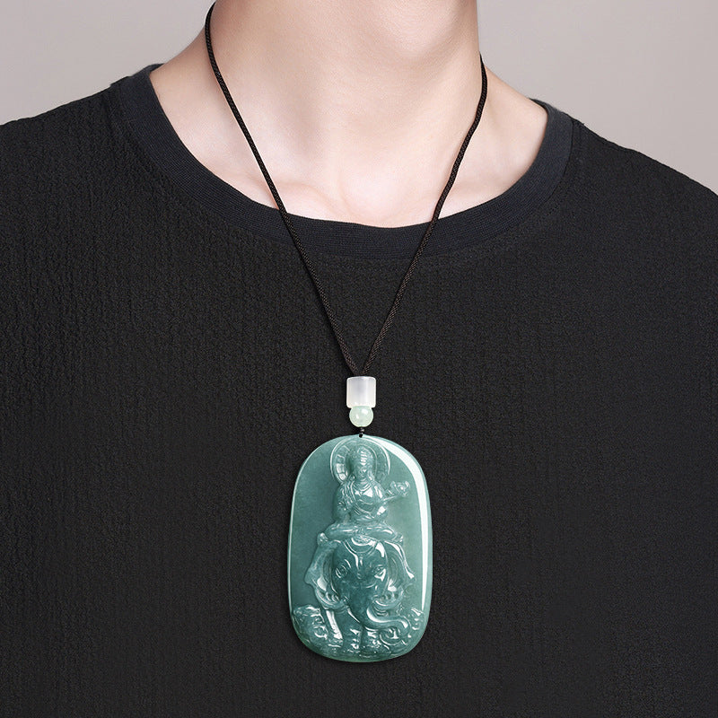 Natural Blue Water Jadeite Samantabhadra & Guanyin Pendant – A-Grade Jade, Zodiac Dragon & Snake Guardian Talisman