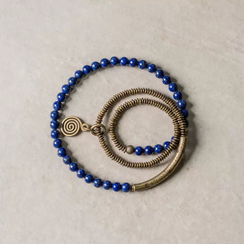 Lapis Lazuli Bracelet Tibetan Jewelry for Spiritual Balance with Brass Accents · Multi-Layer Wrap Strand