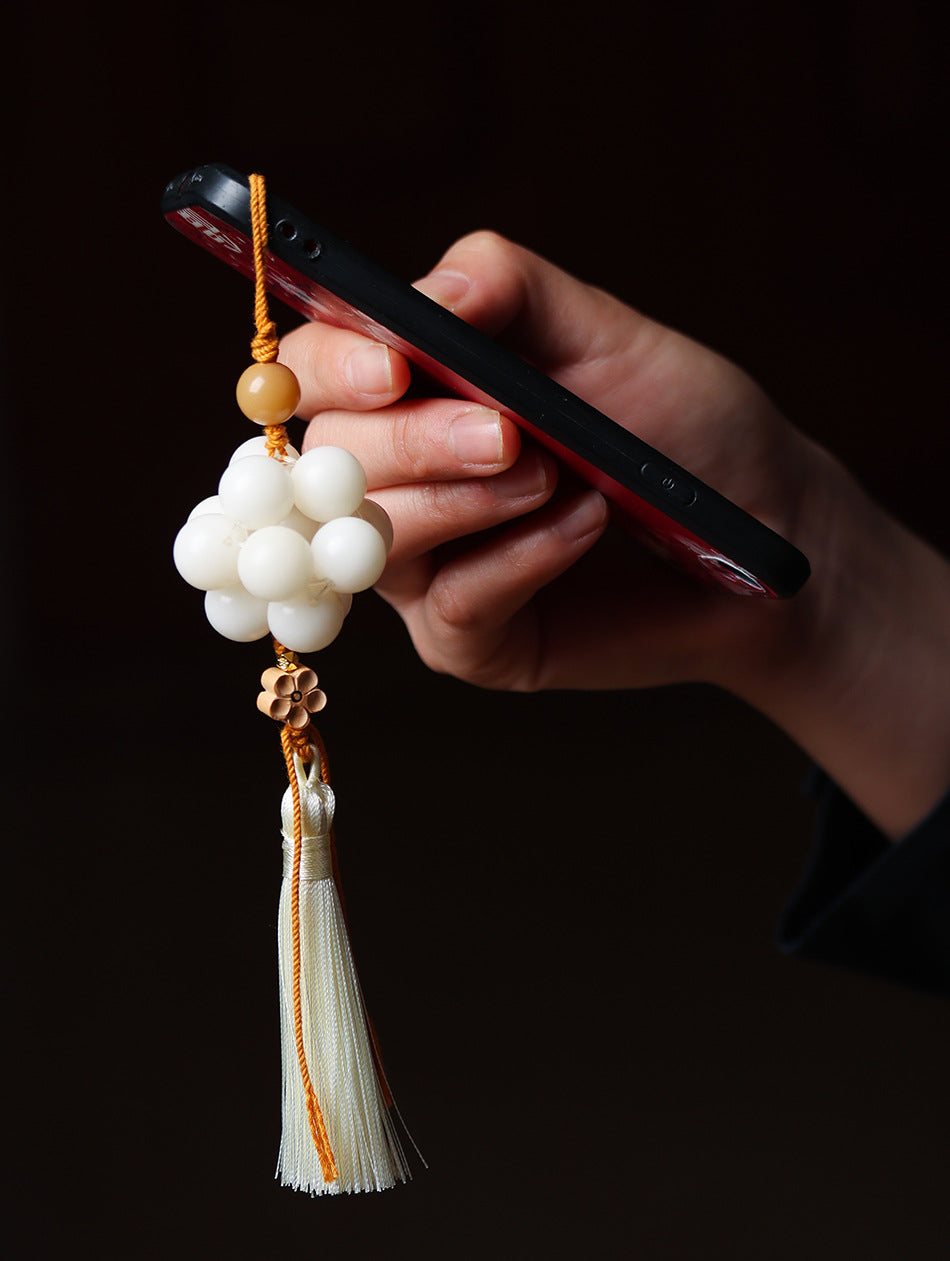 Handmade White Jade Bodhi Woven Tassel Charm Strap for Phone, Bag, or Car