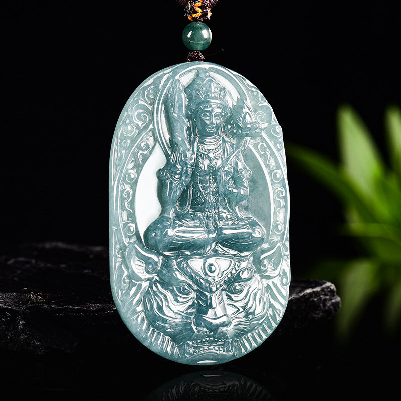 Natural Blue Water Jadeite Akasagarbha Bodhisattva Pendant – Zodiac Ox and Tiger Guardian Buddha