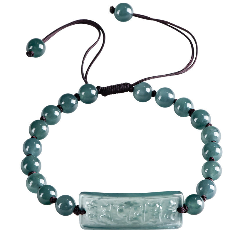 Natural A-Grade Blue Jadeite Six-Character Mantra Bracelet — Handwoven Ice-Grade Jade Lucky Charm