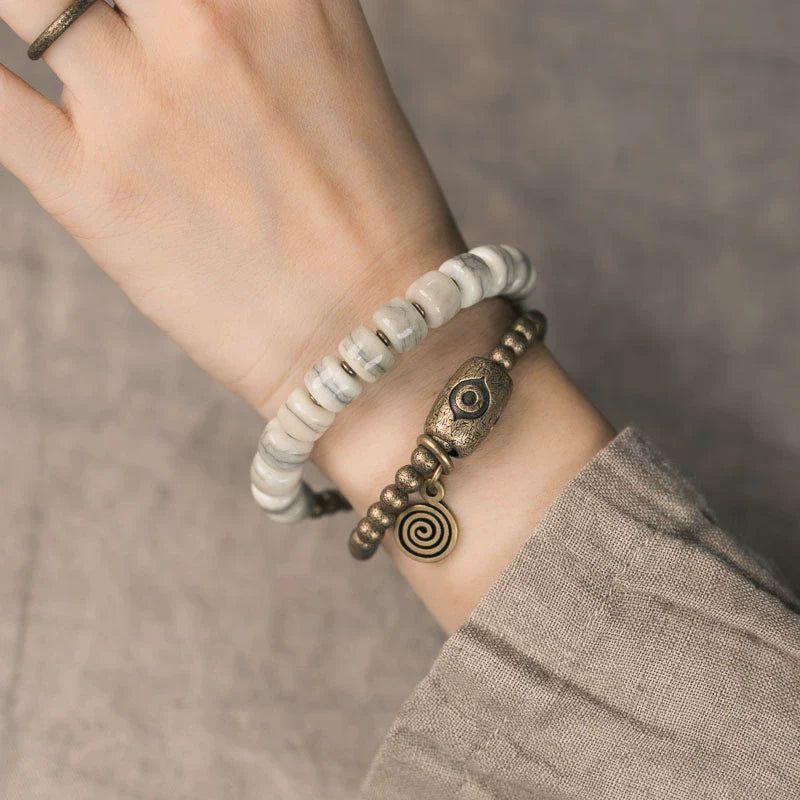 Tibetan Handmade Double-Wrap Yak Bone Bracelet with Brass Dzi Beads and Vintage Brass Accents
