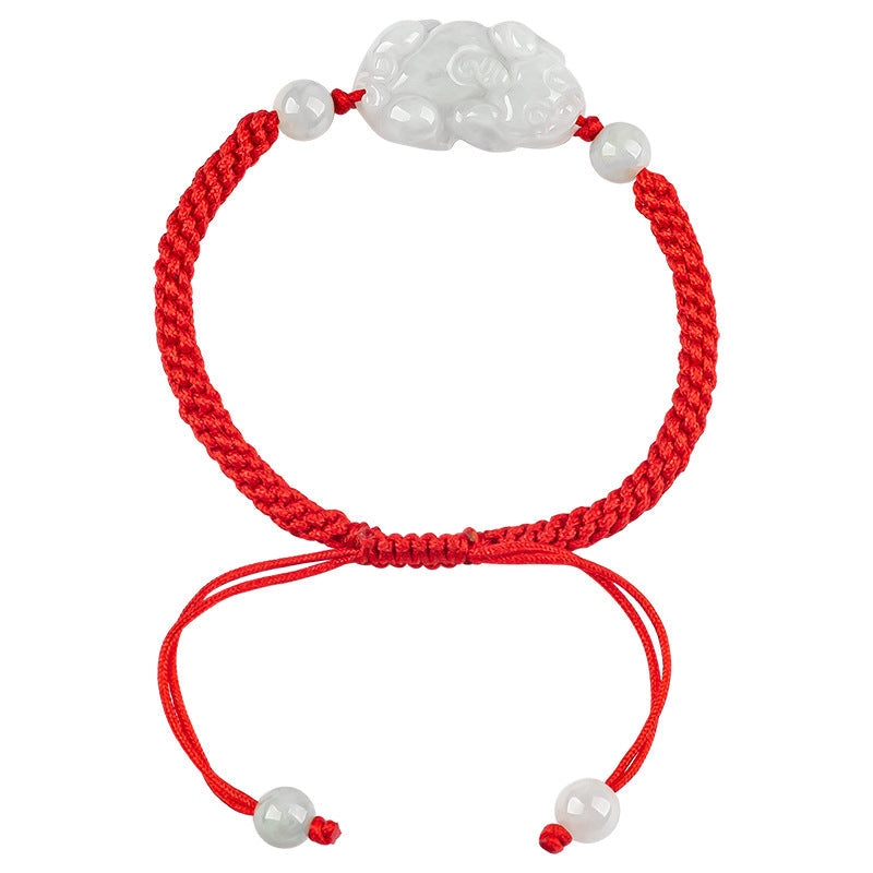 Natural Burmese A-Grade Jadeite Pi Xiu Bracelet – Hand-Carved Jade Charm, Handwoven Red or Brown Cord, Unisex Feng Shui Jewelry