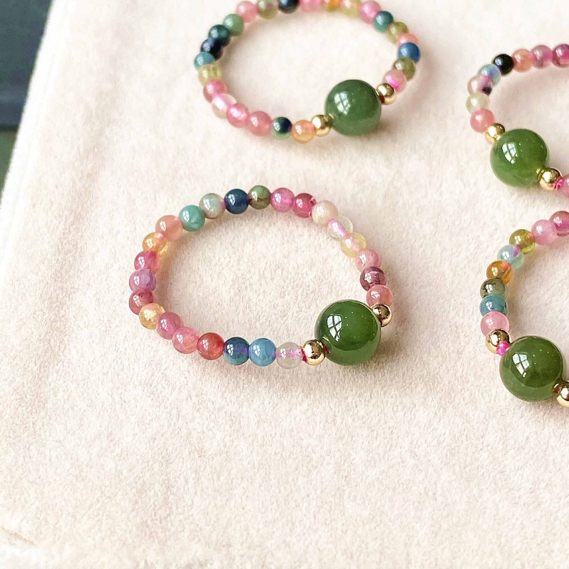 Natural Tourmaline & Green Jade Women's Stretch Ring