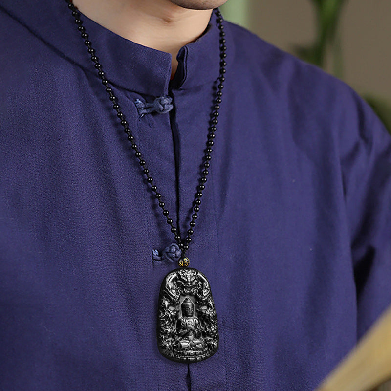 Natural A-Grade Black Jadeite Nine-Dragon Amitabha Buddha Pendant, Unisex