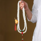 High-Polish White Jade Bodhi 108 Beads Bracelet with Hand-Carved Gourd Charm – Handheld or Crossbody Style