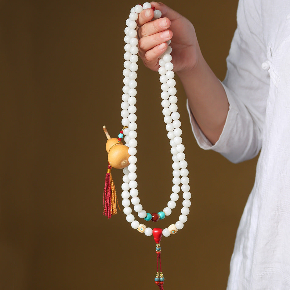 High-Polish White Jade Bodhi 108 Beads Bracelet with Hand-Carved Gourd Charm – Handheld or Crossbody Style