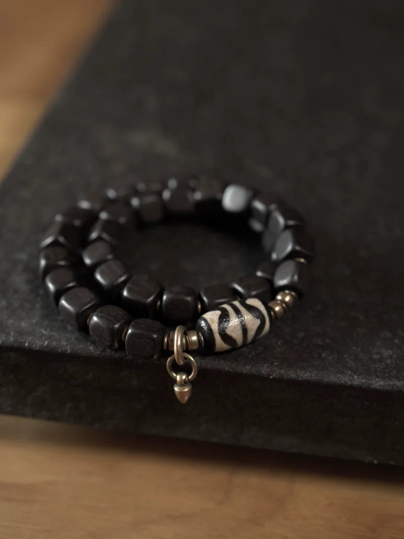 Tibetan Handmade Ebony Wood Dzi Bead Bracelet Vintage Couple Spiritual Jewelry