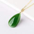 Natural Spinach Green Aged Hetian Jade Teardrop Pendant Necklace, Unisex, 18K Gold Setting