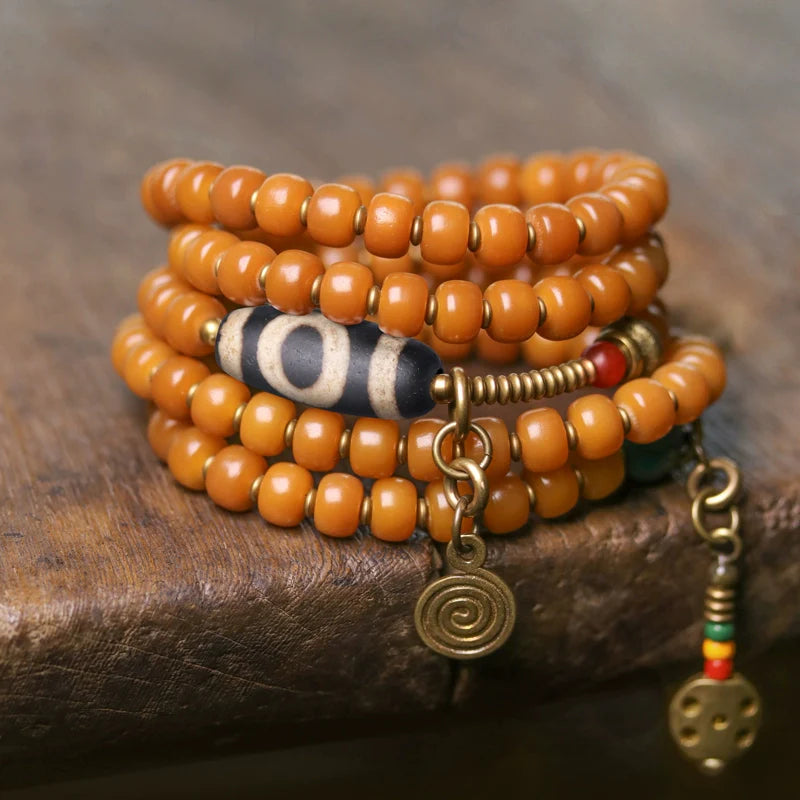 Vintage Multi-Layer Bodhi Seed & Dzi Bead Unisex Bracelet · Buddhist Mala Jewelry