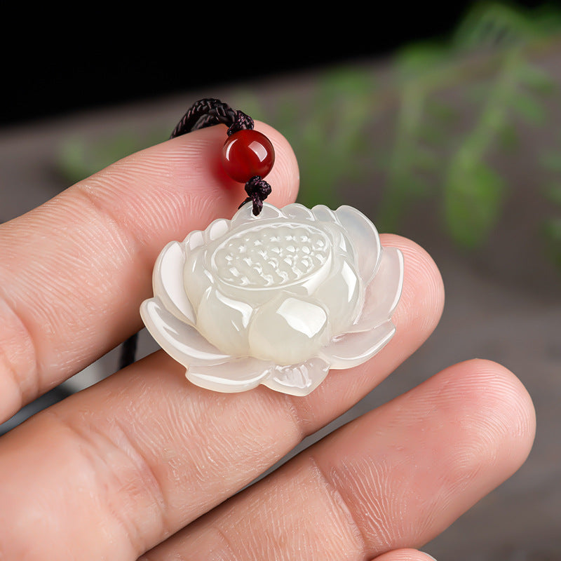 Natural Aged Hetian White Jade Lotus Pendant for Women