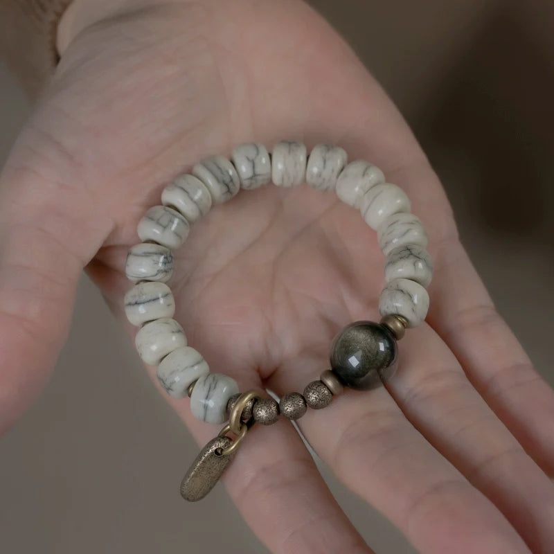 Tibetan Yak Bone & Golden Obsidian Bracelet with Brass Accents – For Strength & Protection
