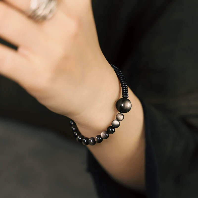 Ebony Wood & Cat's Eye Silver Obsidian Bracelet for Protection & Inner Clarity