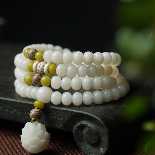108 Mala Beads White Jade Bodhi Bracelet with Carved Pine Nut Charm