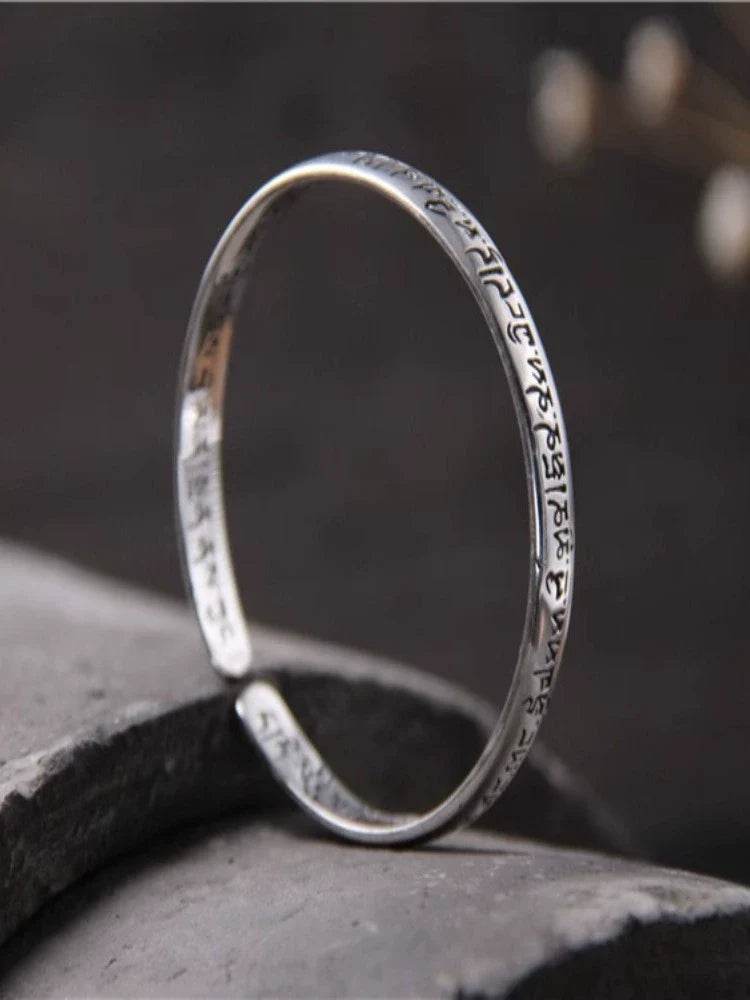 S925 Sterling Silver Six-character Mantra Open Bracelet, Retro Sanskrit Solid Men's and Women's Bracelets