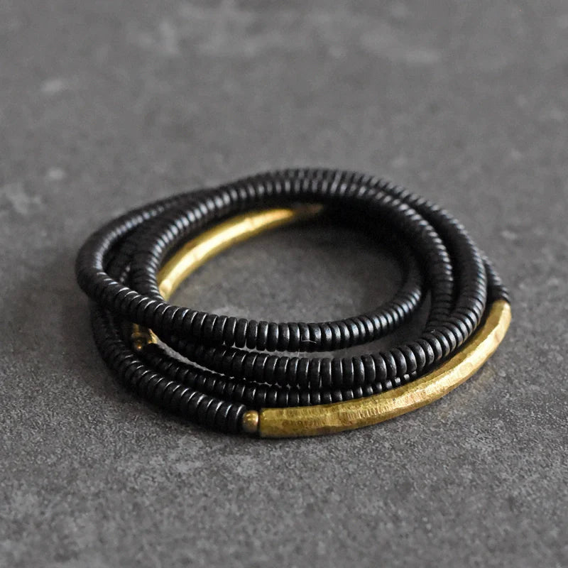 Ebony Wood & Brass Protection Bracelet – Multi-Layer Beads for Strength & Stability