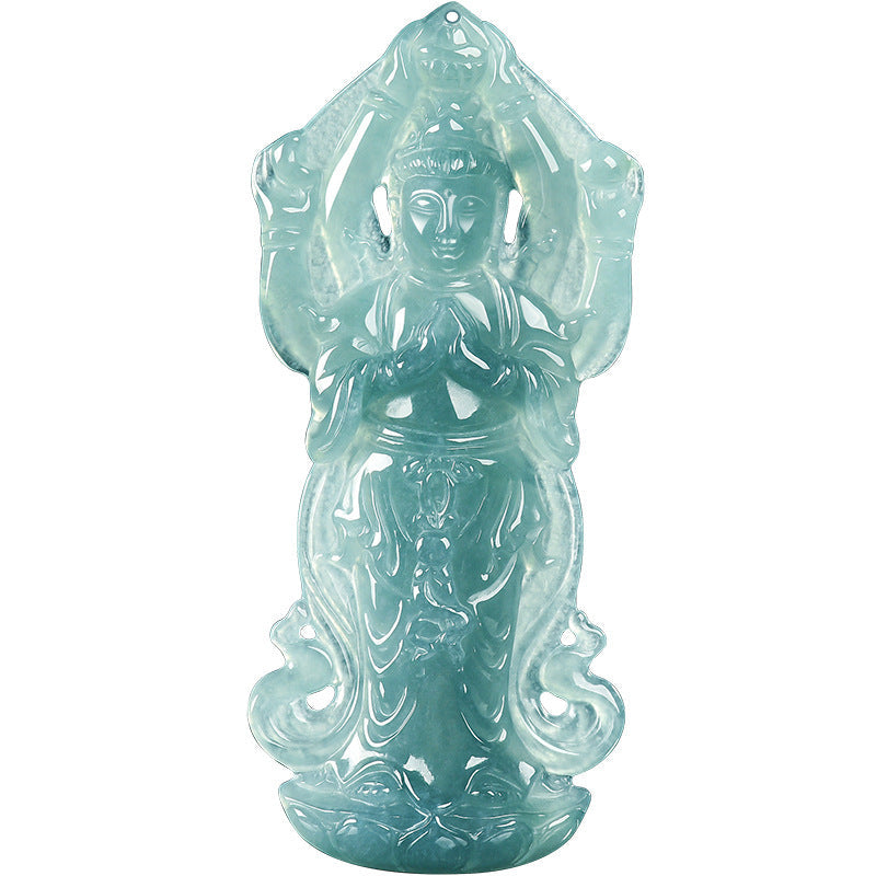 Natural Blue Water Jadeite Thousand-Armed Guanyin Pendant – Zodiac Rat Guardian Buddha