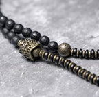 Tibetan Vintage Wrap Bracelet · Black Agate, Brass & Ebony Wood · Multi-Layer Long Strand
