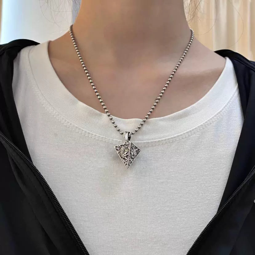 925 Sterling Silver Four Mythical Beasts Pyramid Pendant for Men