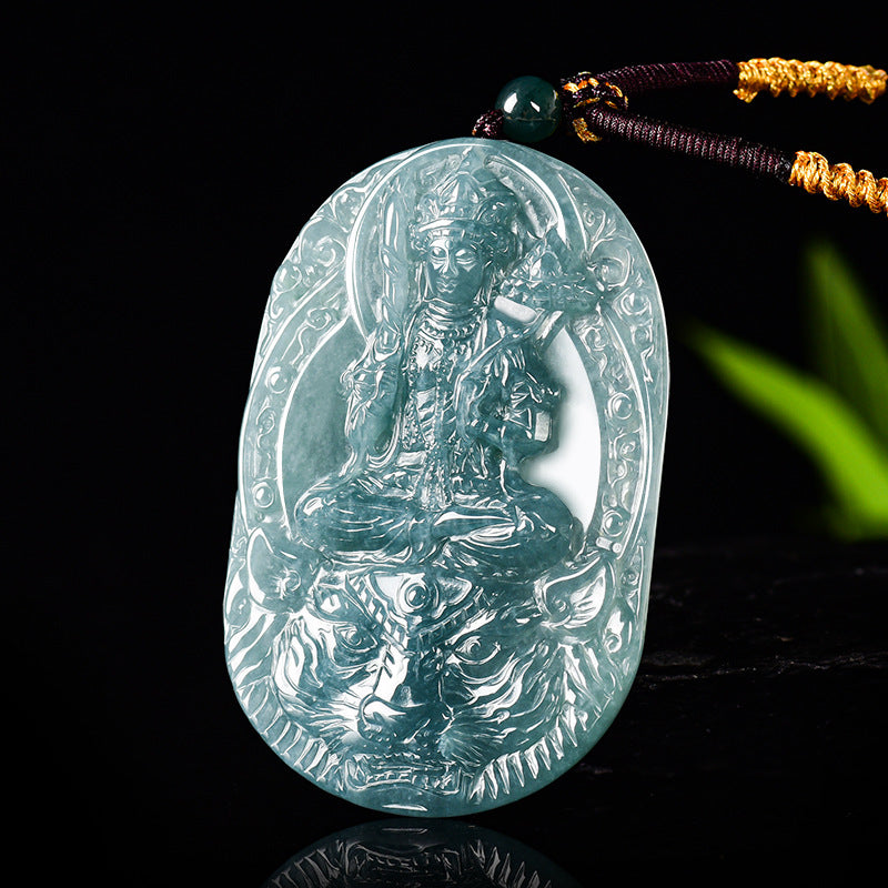 Natural Blue Water Jadeite Akasagarbha Bodhisattva Pendant – Zodiac Ox and Tiger Guardian Buddha