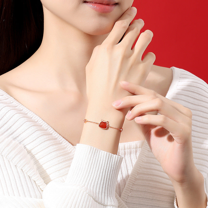Natural Hetian Jade & Red Agate Horse Bracelet for Women, 925 Silver Chinese Zodiac Jewelry