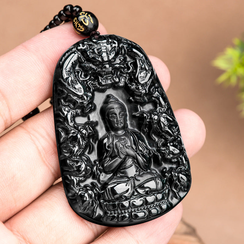 Natural A-Grade Black Jadeite Nine-Dragon Amitabha Buddha Pendant, Unisex