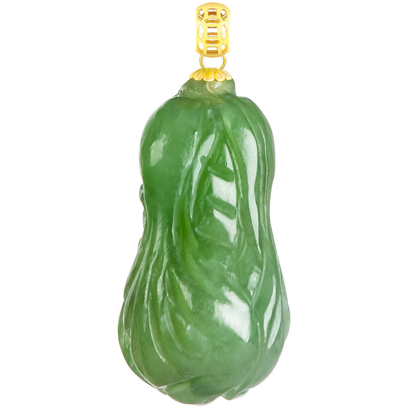 Natural Spinach Green Aged Hetian Jade Cabbage Pendant with 18K Gold Clasp for Women